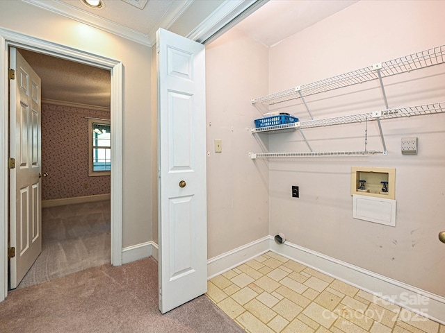 2919 Peachwood Ct, Fort Mill, SC 29715 - laundry area with hookup for a washing machine, ornamental molding, electric dryer hookup, baseboards, and carpet flooring