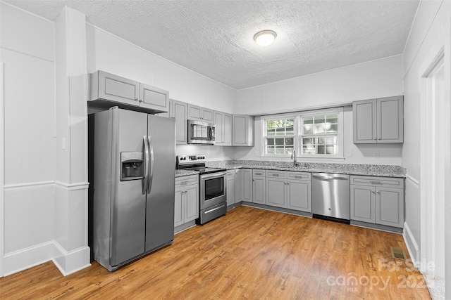 kitchen featuring light wood-style floors, stainless steel appliances, gray cabinetry, and a textured ceiling