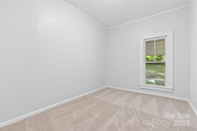 carpeted spare room featuring baseboards and ornamental molding