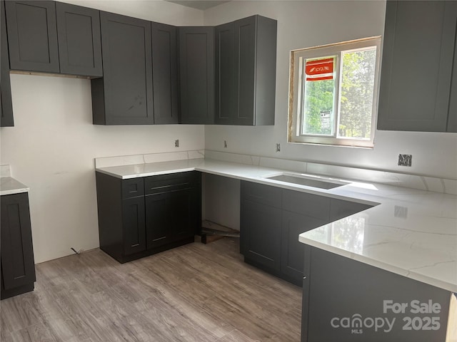 kitchen with light stone countertops, a sink, and light wood-type flooring