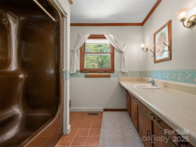 bathroom featuring walk in shower, tile patterned flooring, vanity, a textured ceiling, and a washtub