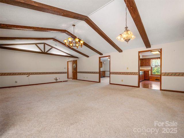 unfurnished living room featuring baseboards, vaulted ceiling with beams, light colored carpet, and a notable chandelier