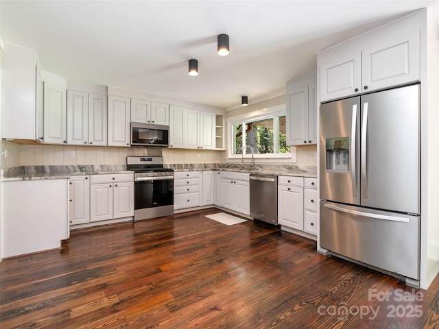 100 Ashton Ln, Brevard, NC 28712 - kitchen with appliances with stainless steel finishes, a sink, dark wood finished floors, open shelves, and white cabinets