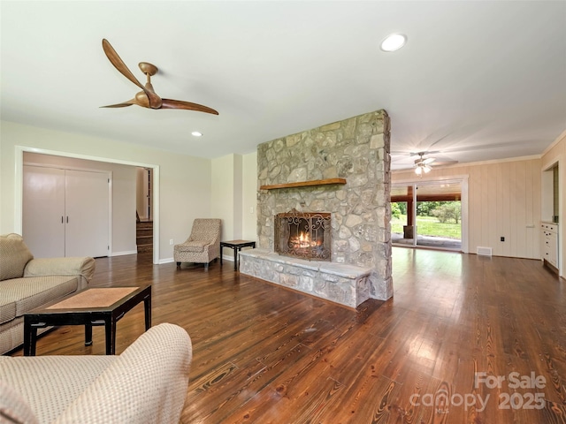100 Ashton Ln, Brevard, NC 28712 - living room with a ceiling fan, a fireplace, wood finished floors, baseboards, and recessed lighting