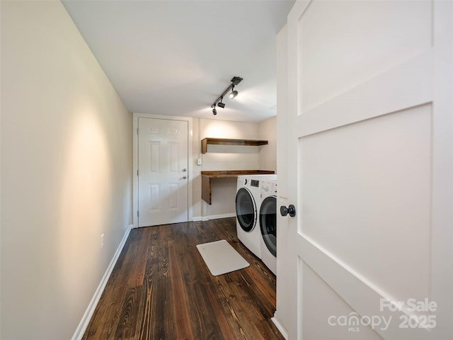 100 Ashton Ln, Brevard, NC 28712 - washroom with washing machine and dryer, wood finished floors, baseboards, and track lighting