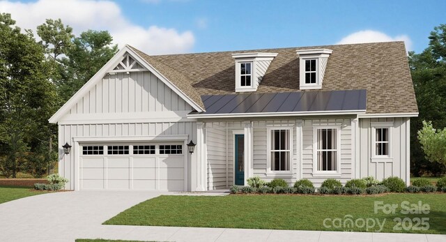 view of front of house with board and batten siding, concrete driveway, a standing seam roof, and a shingled roof