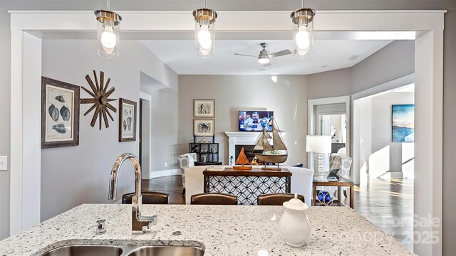 kitchen with a ceiling fan, wood finished floors, light stone countertops, open floor plan, and a sink