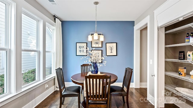 dining space with an inviting chandelier, a healthy amount of sunlight, dark wood-type flooring, and visible vents
