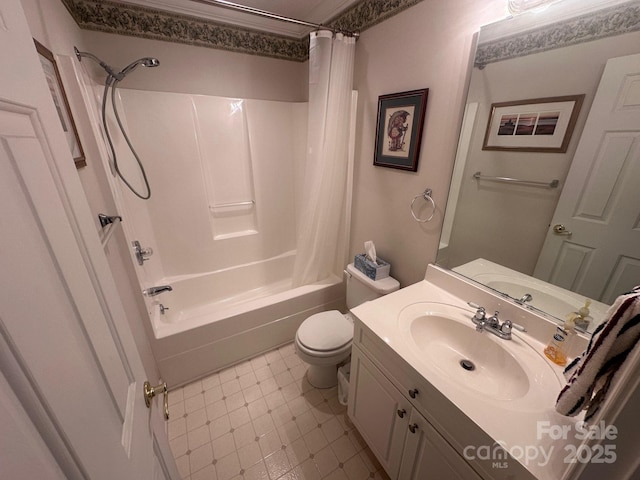 bathroom with vanity, tile patterned flooring, shower / bath combo, and toilet