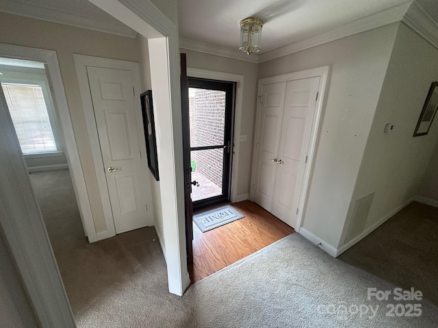 foyer entrance with crown molding, baseboards, and light colored carpet