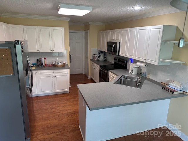 kitchen with backsplash, a sink, a peninsula, stainless steel appliances, and dark wood-type flooring