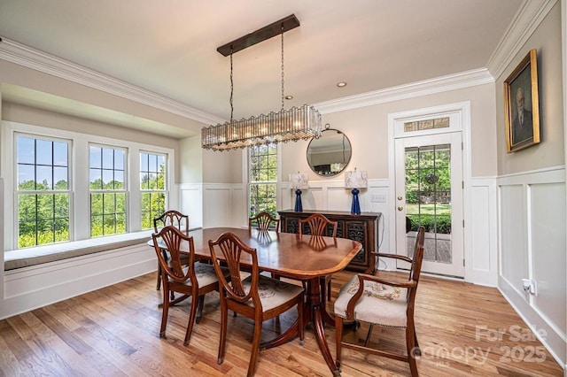 dining room featuring crown molding, light wood finished floors, a decorative wall, and a wainscoted wall