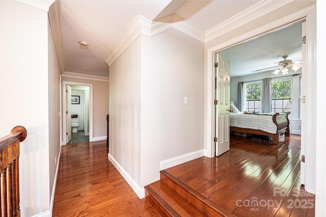 hallway with wood-type flooring, ornamental molding, and baseboards