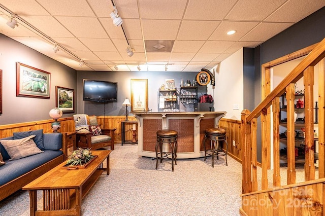 bar featuring track lighting, carpet floors, wood walls, a wainscoted wall, and a bar