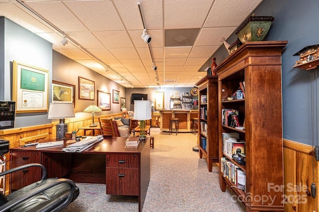 carpeted home office featuring wooden walls, wainscoting, and track lighting
