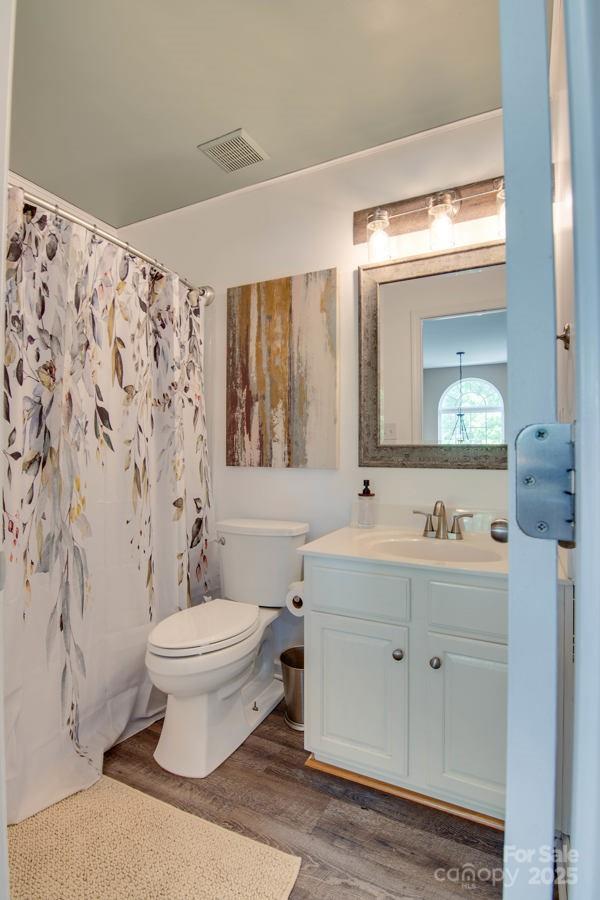 136 Elba Dr, Mooresville, NC 28115 - bathroom featuring wood finished floors, vanity, and a shower with shower curtain