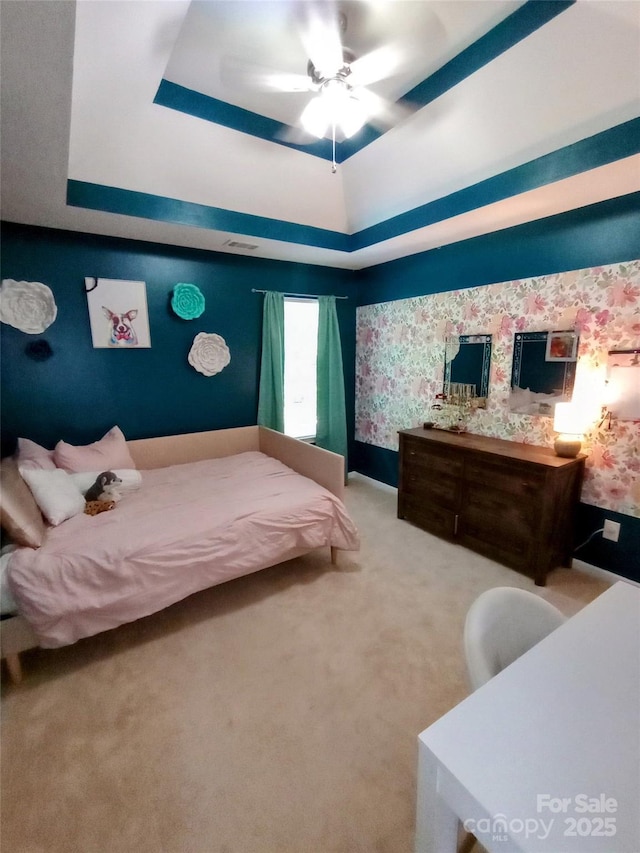 136 Elba Dr, Mooresville, NC 28115 - bedroom with a raised ceiling, carpet, and wallpapered walls