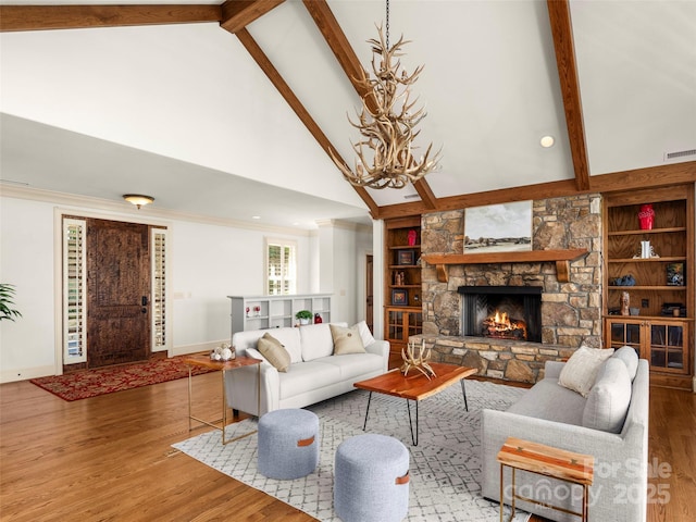 714 Wickhams Fancy Dr, Biltmore Lake, NC 28715 - living room featuring wood finished floors, high vaulted ceiling, baseboards, beamed ceiling, and a notable chandelier