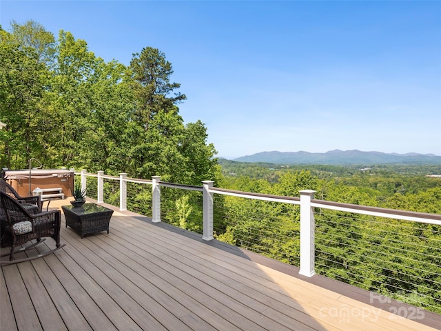 714 Wickhams Fancy Dr, Biltmore Lake, NC 28715 - wooden terrace featuring a hot tub, a forest view, and a mountain view