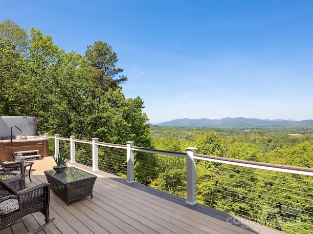 714 Wickhams Fancy Dr, Biltmore Lake, NC 28715 - wooden terrace featuring a forest view, a hot tub, and a mountain view