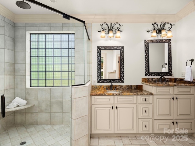 714 Wickhams Fancy Dr, Biltmore Lake, NC 28715 - full bath with double vanity, tiled shower, ornamental molding, and a sink