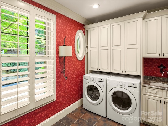 714 Wickhams Fancy Dr, Biltmore Lake, NC 28715 - washroom featuring cabinet space, wallpapered walls, washer and dryer, and baseboards
