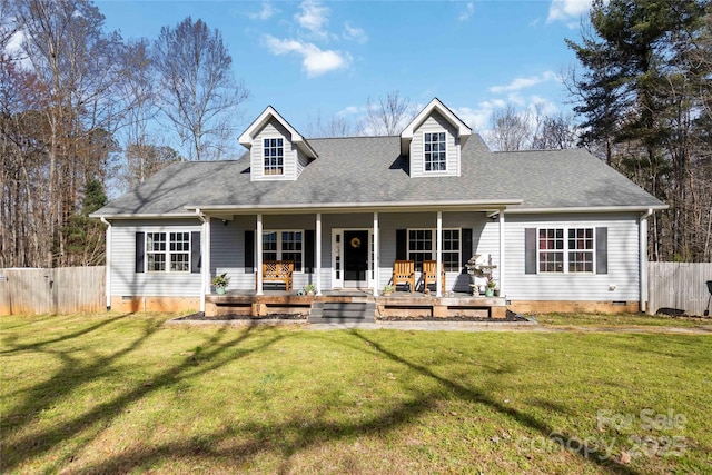 back of house with a porch, fence, a yard, and crawl space