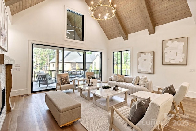 living room with high vaulted ceiling, wooden ceiling, light wood finished floors, and a fireplace