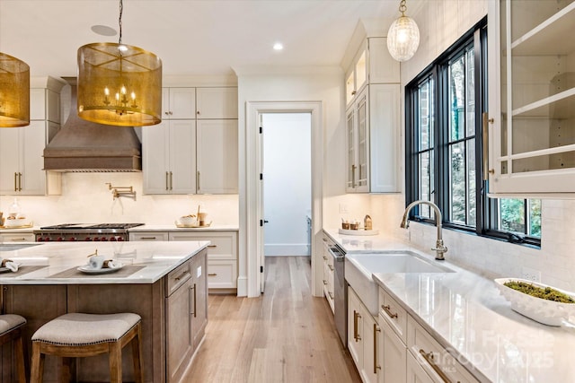 kitchen featuring stainless steel dishwasher, a sink, light wood-style floors, and white cabinets