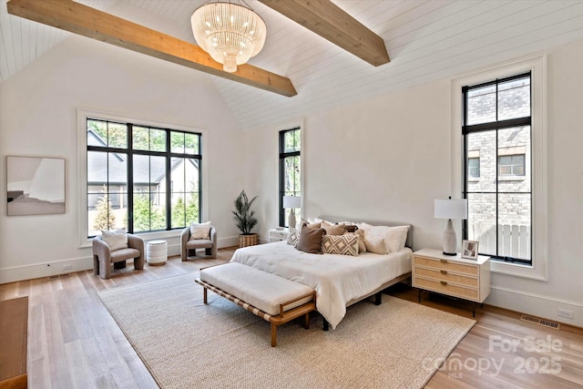 bedroom featuring visible vents, wood finished floors, and multiple windows