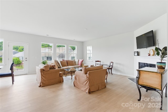 4069 Havenport Cir, Tega Cay, SC 29708 - living area with a fireplace, light wood-type flooring, and baseboards