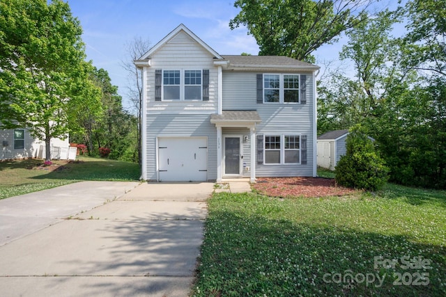 1175 Valley St Unit 111, Statesville, NC 28677 - traditional-style house featuring concrete driveway, an attached garage, a front yard, and a storage unit