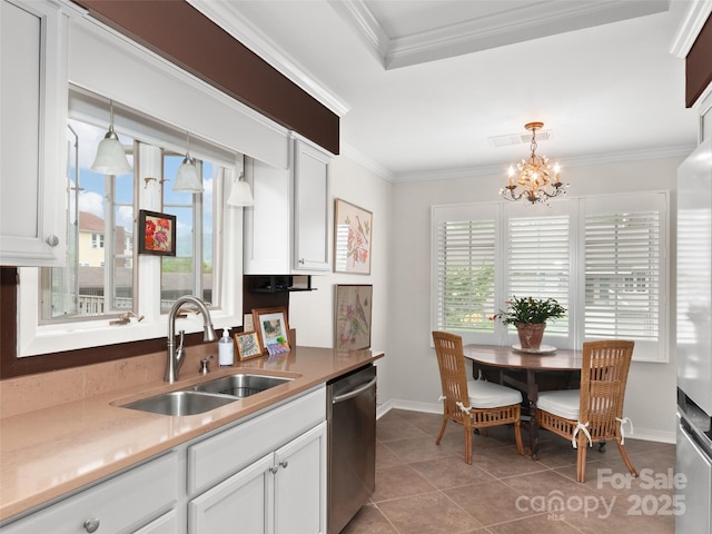 671 S Haywood St Unit 108B, Waynesville, NC 28786 - kitchen featuring stainless steel dishwasher, a sink, baseboards, white cabinets, and a chandelier