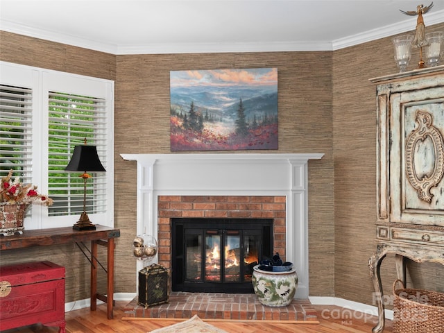 671 S Haywood St Unit 108B, Waynesville, NC 28786 - living room with crown molding, baseboards, wood finished floors, and a fireplace
