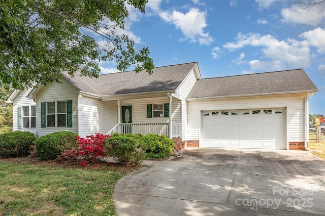 ranch-style home featuring a garage, concrete driveway, a porch, and roof with shingles