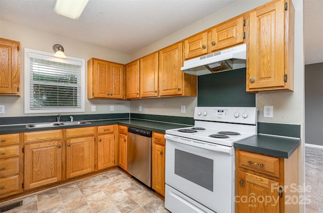 kitchen with white electric range oven, a sink, dishwasher, under cabinet range hood, and visible vents