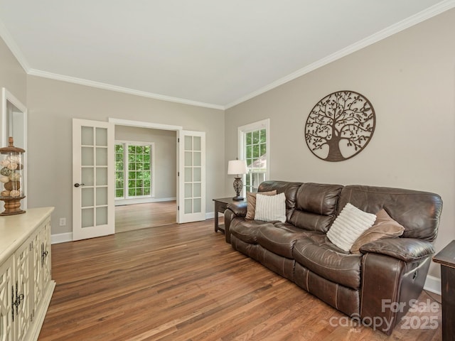 3721 Providence Plantation Ln, Charlotte, NC 28270 - living room featuring french doors, crown molding, wood finished floors, plenty of natural light, and baseboards