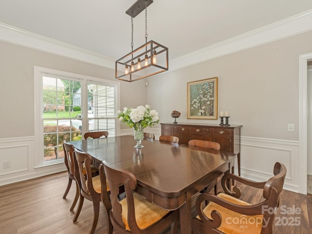 3721 Providence Plantation Ln, Charlotte, NC 28270 - dining room featuring wood finished floors, ornamental molding, a wainscoted wall, a chandelier, and a decorative wall