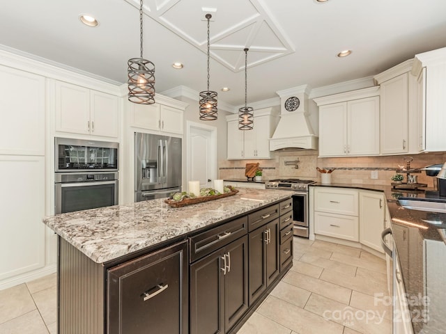 3721 Providence Plantation Ln, Charlotte, NC 28270 - kitchen with stainless steel appliances, a sink, custom exhaust hood, white cabinets, and tasteful backsplash
