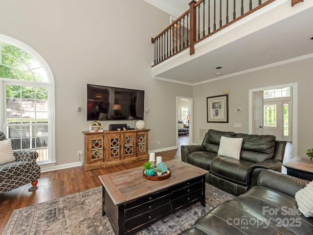 3721 Providence Plantation Ln, Charlotte, NC 28270 - living room with wood finished floors, crown molding, a high ceiling, and baseboards
