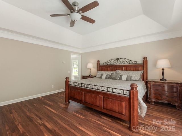 3721 Providence Plantation Ln, Charlotte, NC 28270 - bedroom featuring a tray ceiling, dark wood-style floors, and baseboards