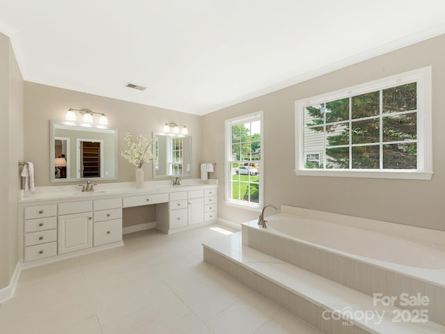 3721 Providence Plantation Ln, Charlotte, NC 28270 - full bathroom featuring double vanity, a bath, tile patterned flooring, and crown molding