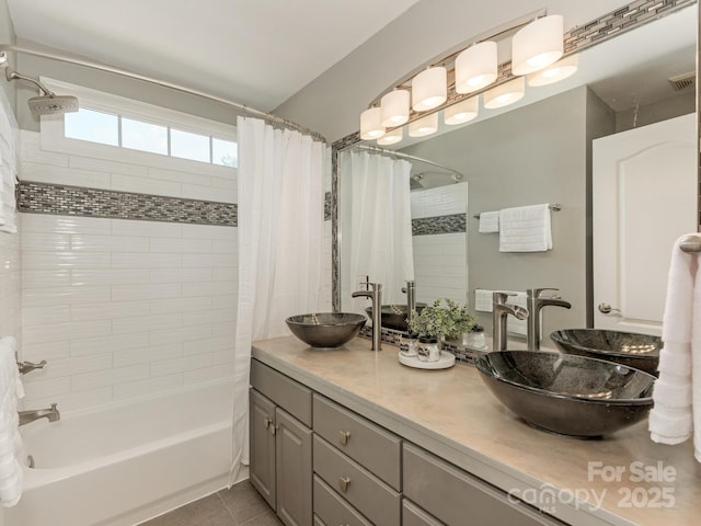 3721 Providence Plantation Ln, Charlotte, NC 28270 - full bathroom featuring shower / bathtub combination with curtain, double vanity, and tile patterned floors