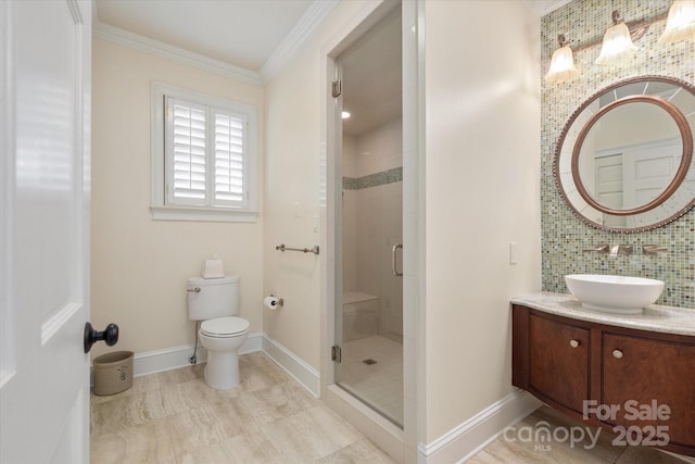 12048 Royal Portrush Dr, Charlotte, NC 28277 - full bath featuring toilet, baseboards, ornamental molding, and a stall shower