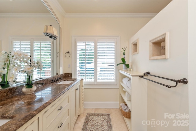 12048 Royal Portrush Dr, Charlotte, NC 28277 - bathroom featuring crown molding, tile patterned floors, a wealth of natural light, and vanity