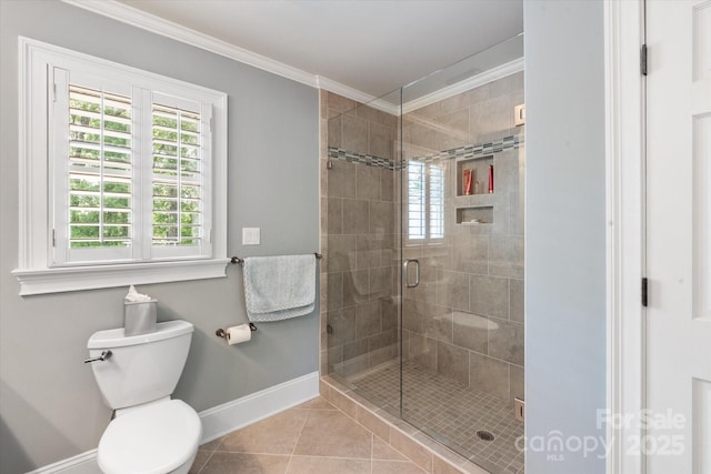 12048 Royal Portrush Dr, Charlotte, NC 28277 - full bathroom with baseboards, ornamental molding, a healthy amount of sunlight, and a shower stall