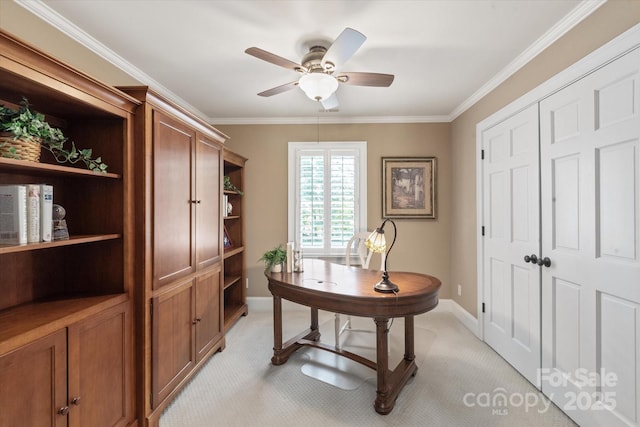 12048 Royal Portrush Dr, Charlotte, NC 28277 - office featuring crown molding, a ceiling fan, baseboards, and light carpet