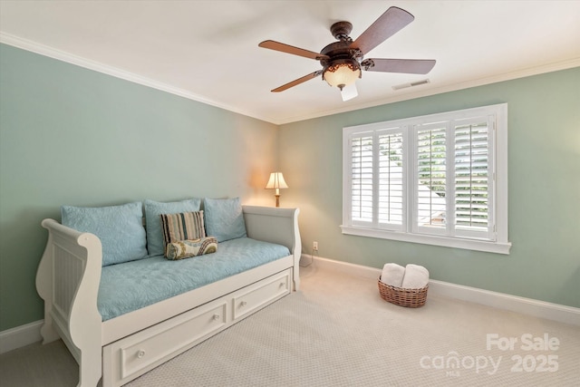12048 Royal Portrush Dr, Charlotte, NC 28277 - carpeted bedroom featuring baseboards, ornamental molding, ceiling fan, and visible vents