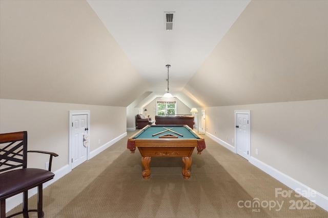 12048 Royal Portrush Dr, Charlotte, NC 28277 - rec room with visible vents, baseboards, billiards, carpet, and vaulted ceiling