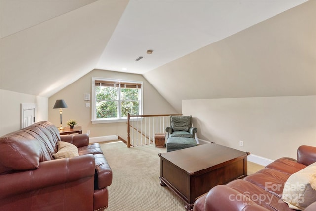 12048 Royal Portrush Dr, Charlotte, NC 28277 - living area with visible vents, baseboards, light colored carpet, and lofted ceiling